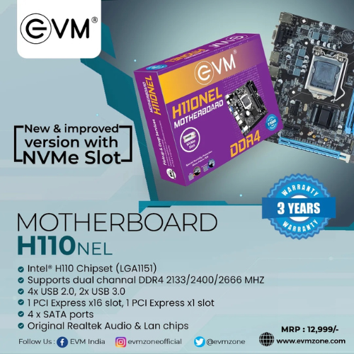 EVM H110NEL DDR4 Motherboard with NVMe Slot | Intel H110 Chipset | LGA1151 | Supports 6th–9th Gen Intel Processors