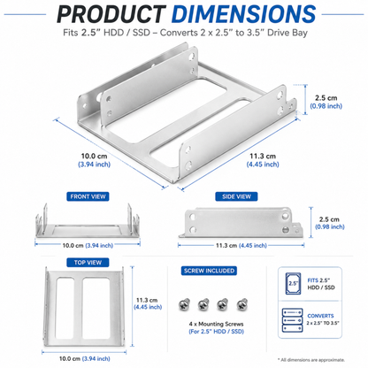 SSD Mounting Bracket for Desktop | 2.5" SSD / HDD to 3.5" | Silver Metal Stand