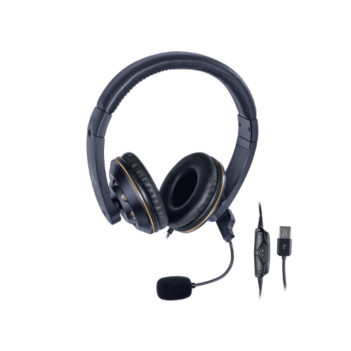 FINGERS USB-Tonic H9 Wired On-Ear Headphones with Adjustable Mic | Crystal Clear Sound | Soft Cushions | Plug & Play USB Connectivity – Black & Gold