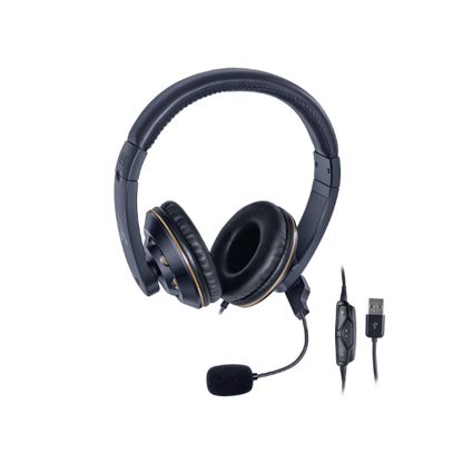 FINGERS USB-Tonic H9 Wired On-Ear Headphones with Adjustable Mic | Crystal Clear Sound | Soft Cushions | Plug & Play USB Connectivity – Black & Gold