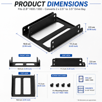 SSD Mounting Bracket for Desktop | 2.5" SSD / HDD to 3.5" | Black Metal Stand