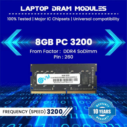 8GB DDR4 Laptop RAM 3200MHz EVM  – High-Performance Memory for Faster Multitasking | Perfect for Gaming, Office & Everyday Use | 10 Years Warranty (EVMT8G3200S88P)