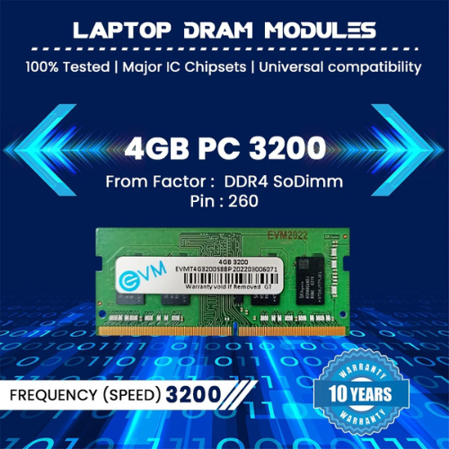 4GB DDR4 Laptop RAM 3200MHz EVM – High-Speed Memory for Smooth Performance | Perfect for Gaming, Office & Everyday Use | 10 Years Warranty (EVMT4G3200S84P)