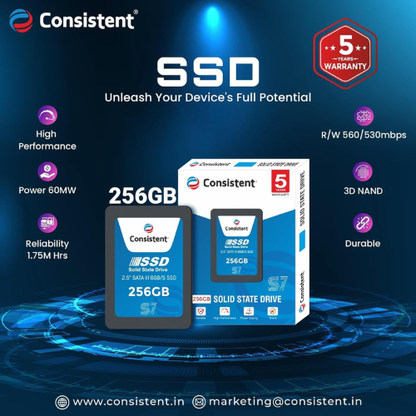 256GB Consistent 2.5 Inch SATA III Internal SSD | 550MB/s Read | 500MB/s Write | 5 Year Warranty Solid State Drive