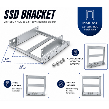 SSD Mounting Bracket for Desktop | 2.5" SSD / HDD to 3.5" | Silver Metal Stand