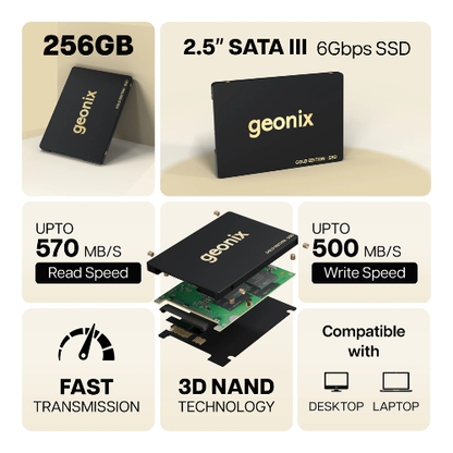 256GB GEONIX SATA 2.5-inch Internal SSD | 6Gb/s | Up to 570MB/s Read & 500MB/s Write | Quad Channel | 5 Years Warranty
