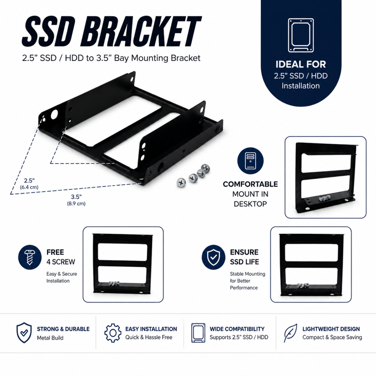 SSD Mounting Bracket for Desktop | 2.5" SSD / HDD to 3.5" | Black Metal Stand