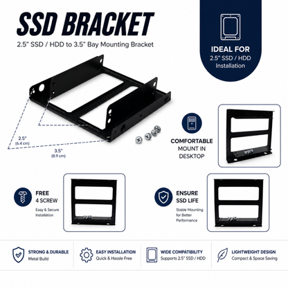 SSD Mounting Bracket for Desktop | 2.5" SSD / HDD to 3.5" | Black Metal Stand