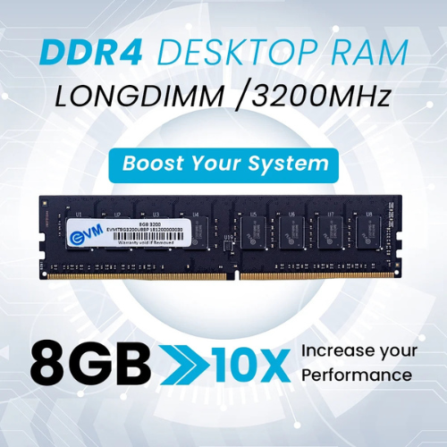 8GB DDR4 Desktop RAM 3200MHz EVM  – High-Speed Memory for Gaming, Office & Everyday Computing | Reliable Performance | 10 Years Warranty (EVMT8G3200U88P)