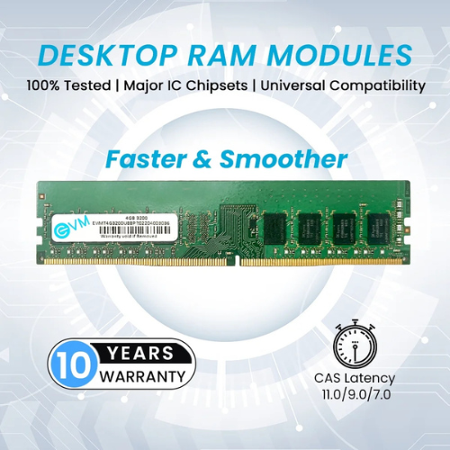 4GB DDR4 Desktop RAM 3200MHz EVM – High-Speed Performance Memory | Perfect for Gaming, Office & Everyday Use | 10 Years Warranty (EVMT4G3200U88P)