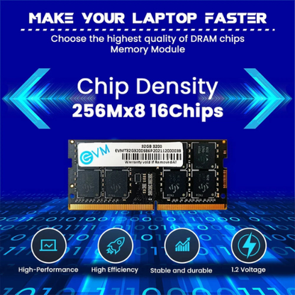 32GB DDR4 Laptop RAM 3200MHz EVM – High-Performance Memory for Gaming, Office & Creative Work | Low Voltage | 10 Years Warranty (EVMT32G3200S88P)
