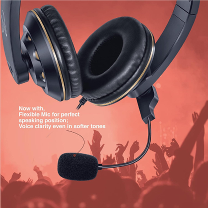 FINGERS USB-Tonic H9 Wired On-Ear Headphones with Adjustable Mic | Crystal Clear Sound | Soft Cushions | Plug & Play USB Connectivity – Black & Gold