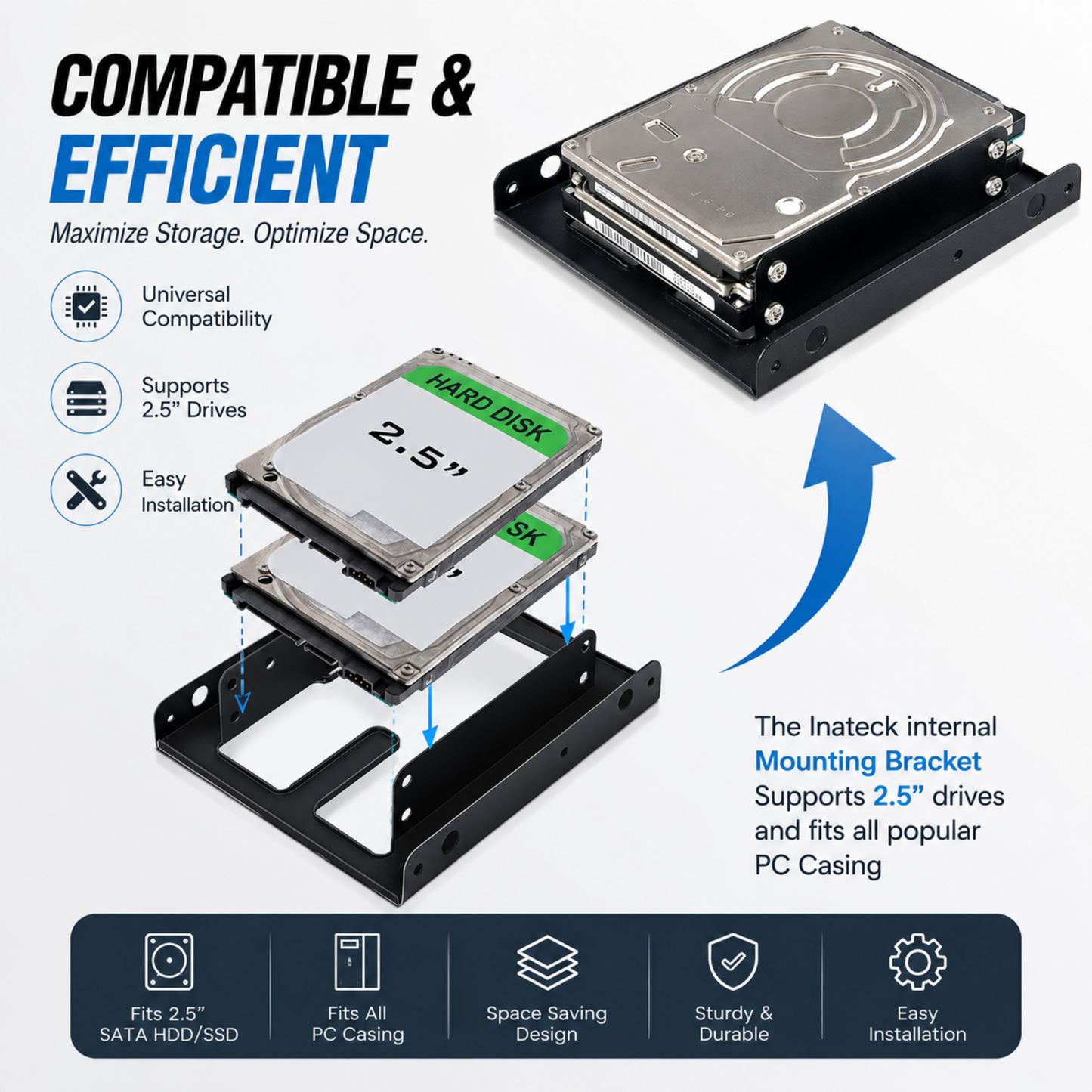 SSD Mounting Bracket for Desktop | 2.5" SSD / HDD to 3.5" | Black Metal Stand