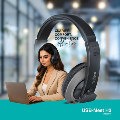 FINGERS USB-Meet H2 Wired Headphone with Flexible Mic | 40 mm Drivers | Crystal Clear Audio | Soft Cushions | Plug & Play USB – Black