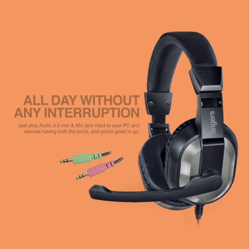 FINGERS F10 Wired On-Ear Headphones with Adjustable Mic (Dual Pin for PC, Crystal Clear Sound, Comfortable Leatherette Cushions) – Black & Slate Grey