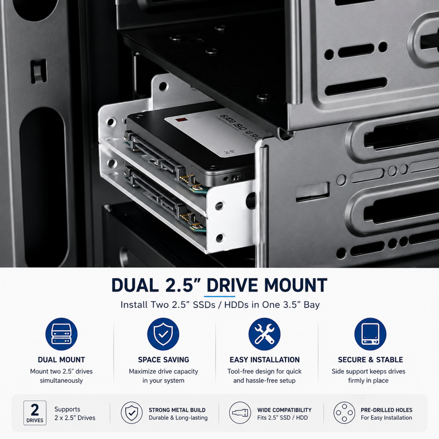 SSD Mounting Bracket for Desktop | 2.5" SSD / HDD to 3.5" | Silver Metal Stand