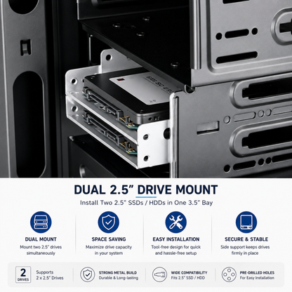 SSD Mounting Bracket for Desktop | 2.5" SSD / HDD to 3.5" | Silver Metal Stand