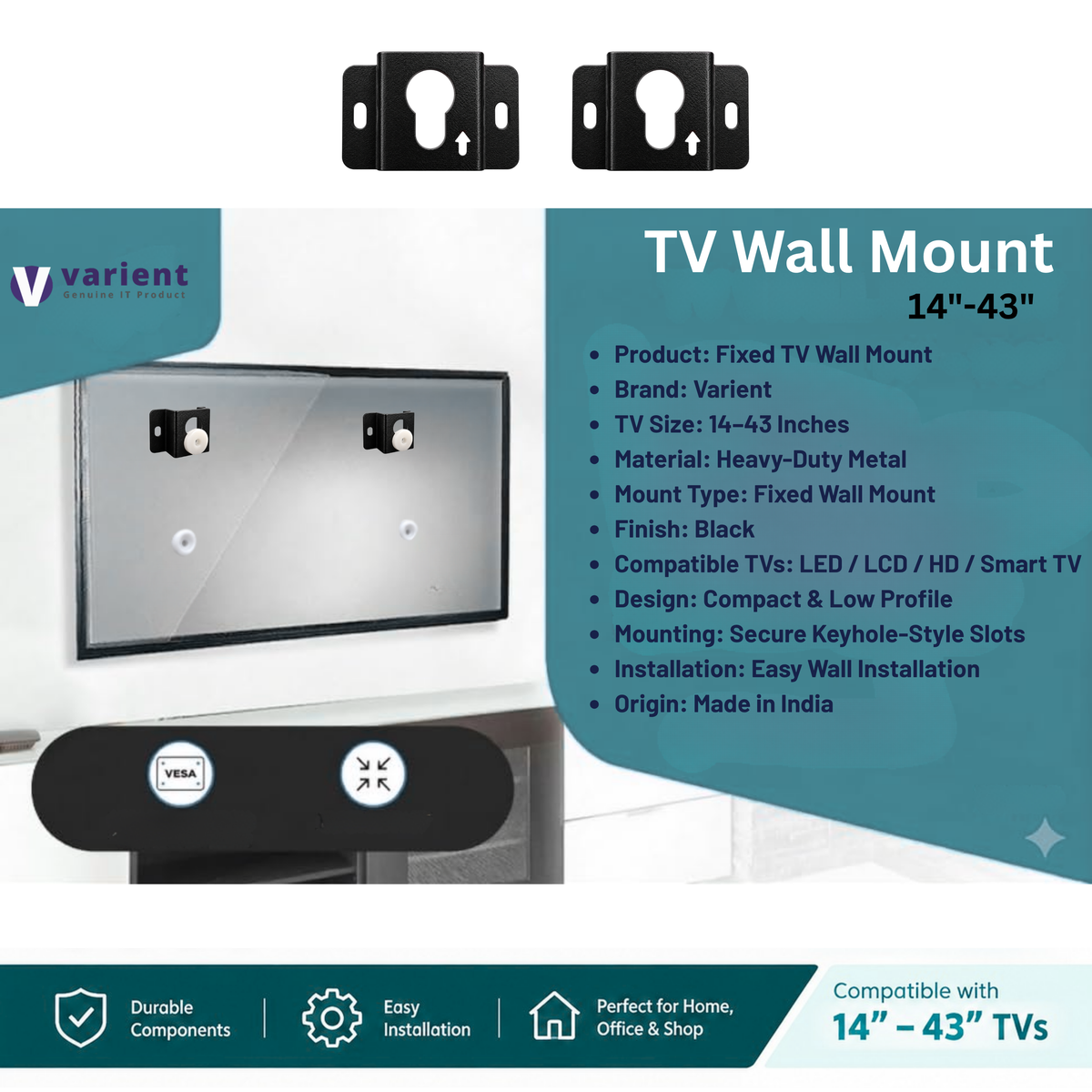 Universal Fixed TV Wall Mount for 14" to 43" LED/HD/Smart TVs | Heavy Duty Flat Panel Wall Stand