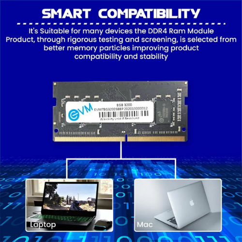 8GB DDR4 Laptop RAM 3200MHz EVM  – High-Performance Memory for Faster Multitasking | Perfect for Gaming, Office & Everyday Use | 10 Years Warranty (EVMT8G3200S88P)