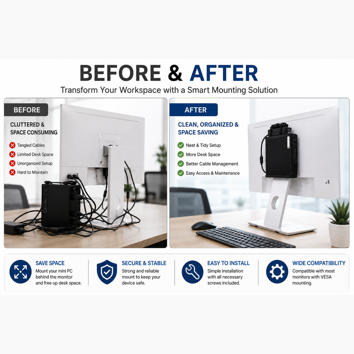 VESA Mount Bracket Kit for HP Tiny PCs | Universal Micro VESA Mount with Screws | All LCD Support