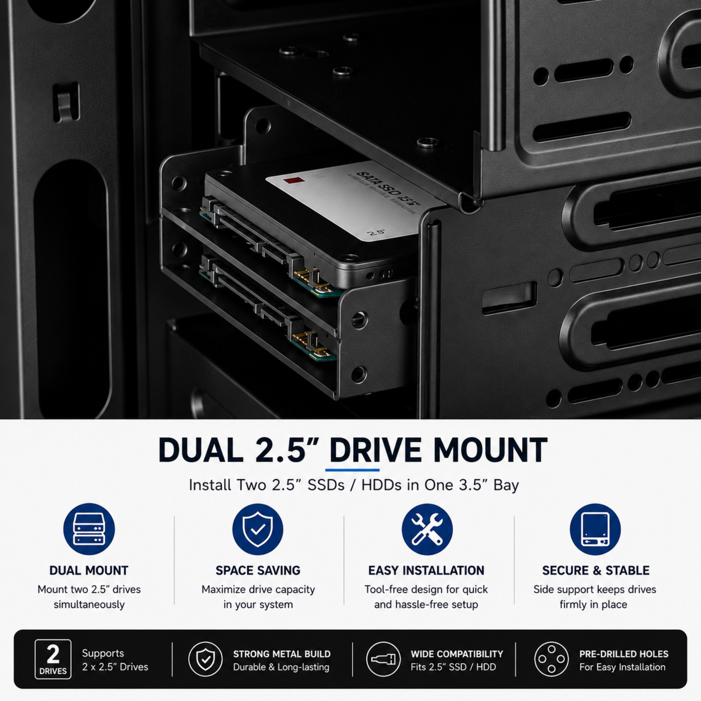 SSD Mounting Bracket for Desktop | 2.5" SSD / HDD to 3.5" | Black Metal Stand