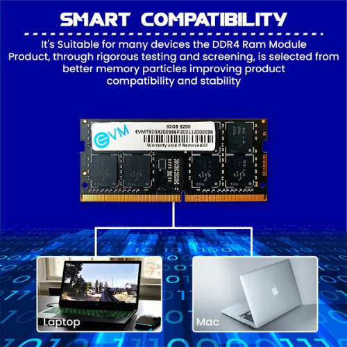 32GB DDR4 Laptop RAM 3200MHz EVM – High-Performance Memory for Gaming, Office & Creative Work | Low Voltage | 10 Years Warranty (EVMT32G3200S88P)