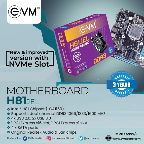 EVM H81JEL DDR3 Motherboard with NVMe Slot | Intel H81 Chipset | LGA1150 | Supports Core i3/i5/i7 & E3-V3 CPUs