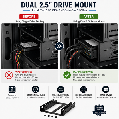 SSD Mounting Bracket for Desktop | 2.5" SSD / HDD to 3.5" | Black Metal Stand