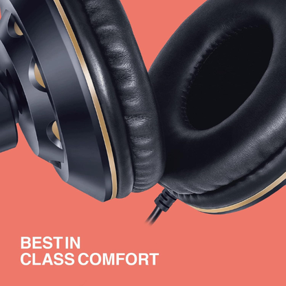 FINGERS USB-Tonic H9 Wired On-Ear Headphones with Adjustable Mic | Crystal Clear Sound | Soft Cushions | Plug & Play USB Connectivity – Black & Gold