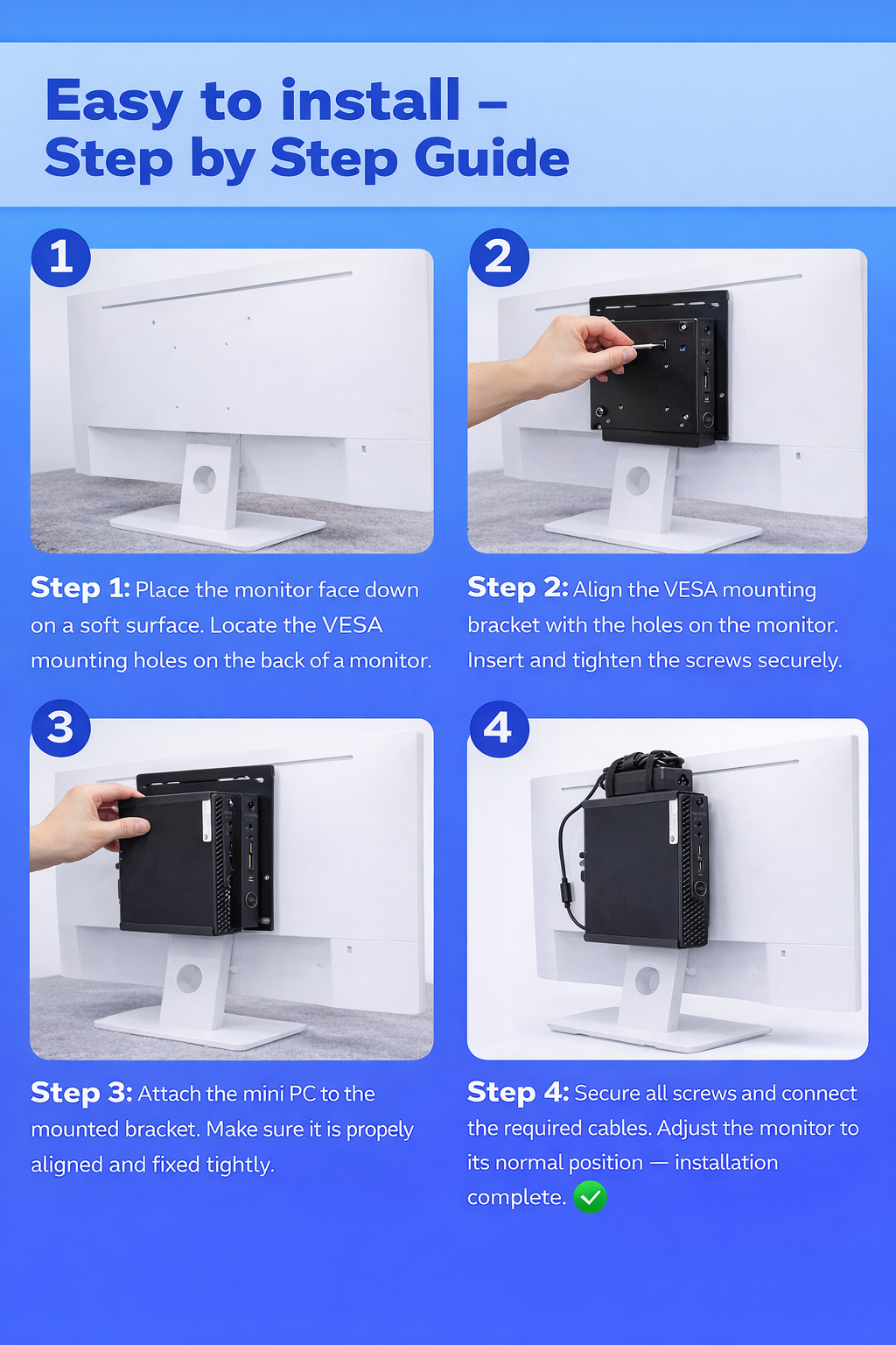 Universal VESA Mount Bracket with Adapter Holding Cable Tie – Monitor Back | Under Desk & Wall Mount – Compatible with HP | Dell | Lenovo Mini PCs