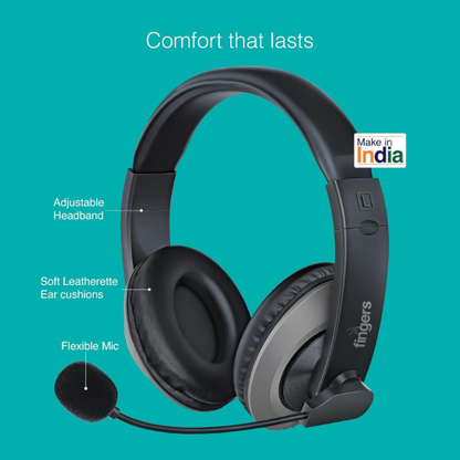 FINGERS USB-Meet H2 Wired Headphone with Flexible Mic | 40 mm Drivers | Crystal Clear Audio | Soft Cushions | Plug & Play USB – Black
