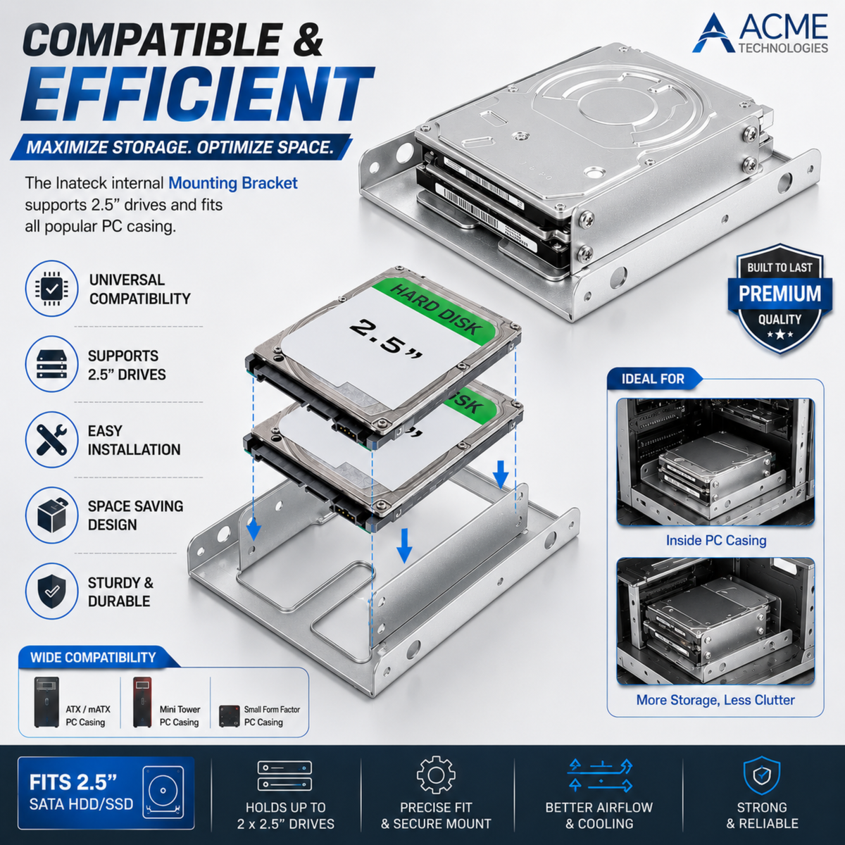 SSD Mounting Bracket for Desktop | 2.5" SSD / HDD to 3.5" | Silver Metal Stand