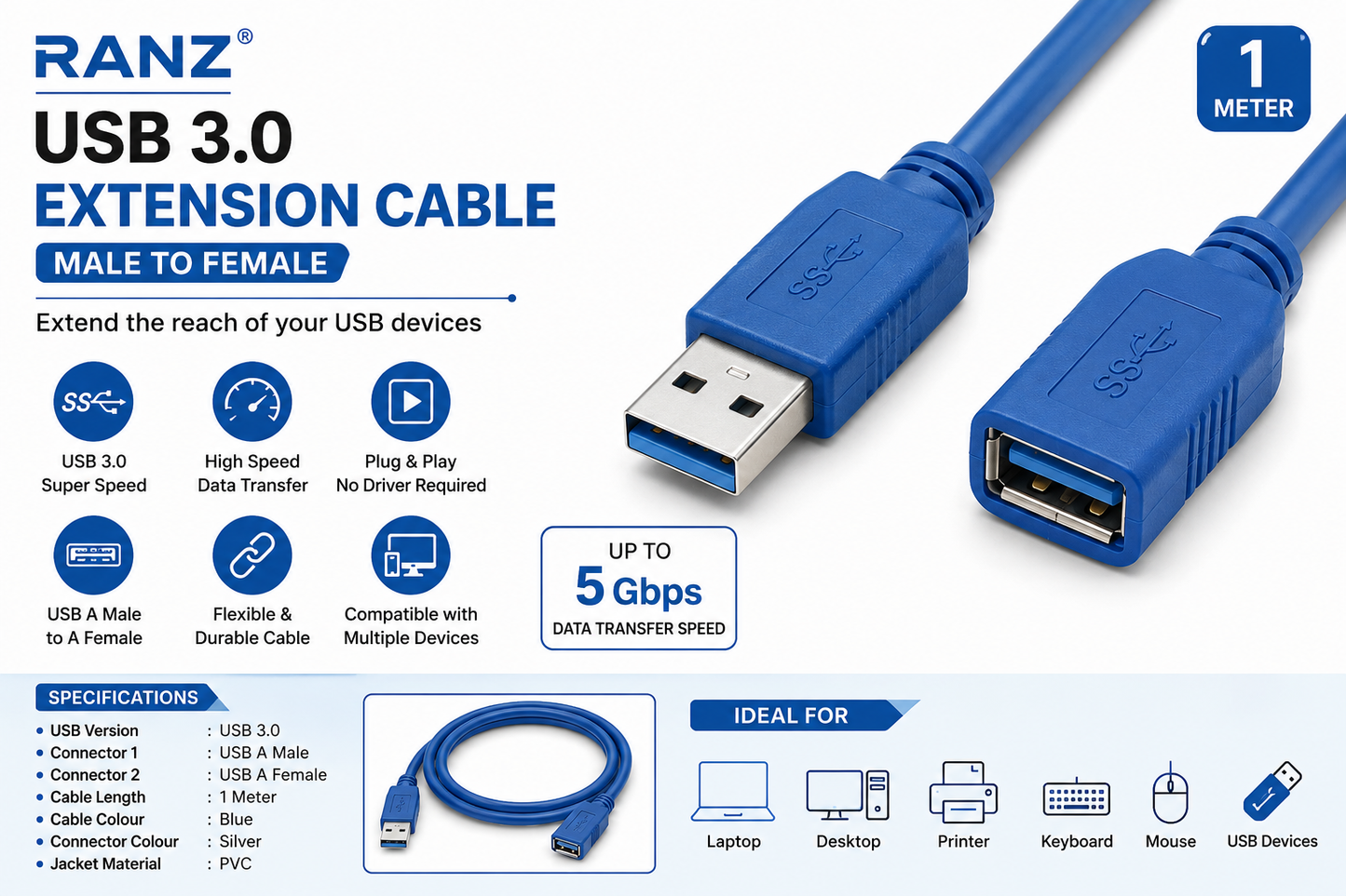 RANZ USB 3.0 Extension Cable 1 Meter – Male to Female