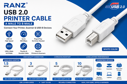 RANZ USB 2.0 Printer Cable A Male to B Male