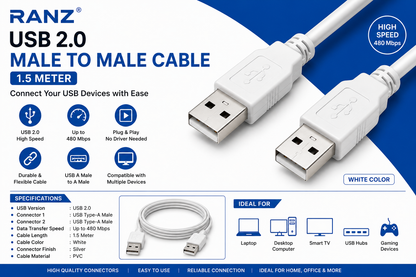 RANZ USB 2.0 Male to Male Cable 1.5 Meter
