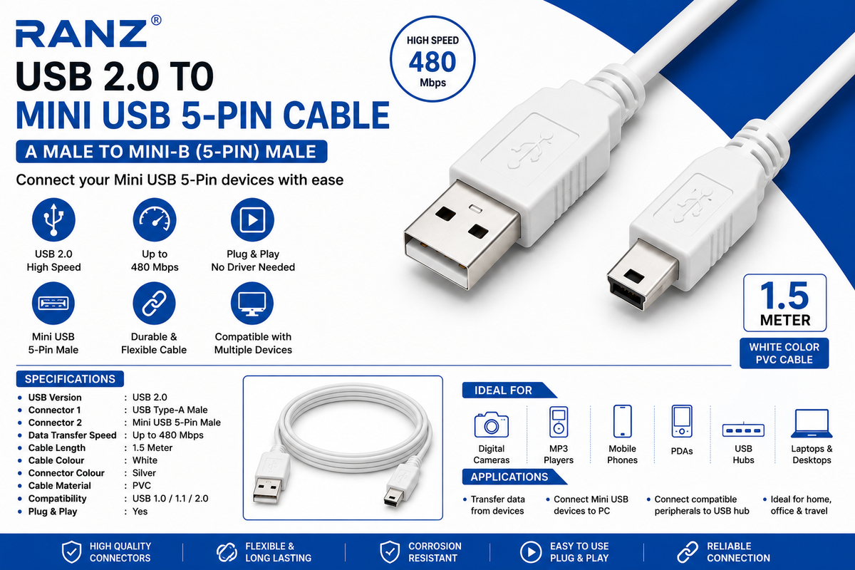 RANZ USB 2.0 to Mini USB 5-Pin Cable 1.5 Meter – A Male to Mini-B Male