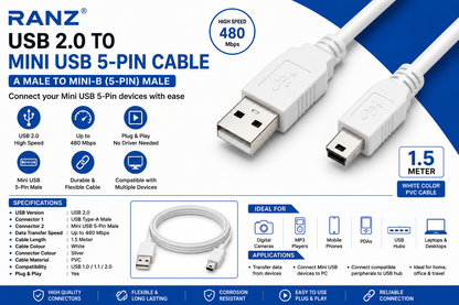RANZ USB 2.0 to Mini USB 5-Pin Cable 1.5 Meter – A Male to Mini-B Male