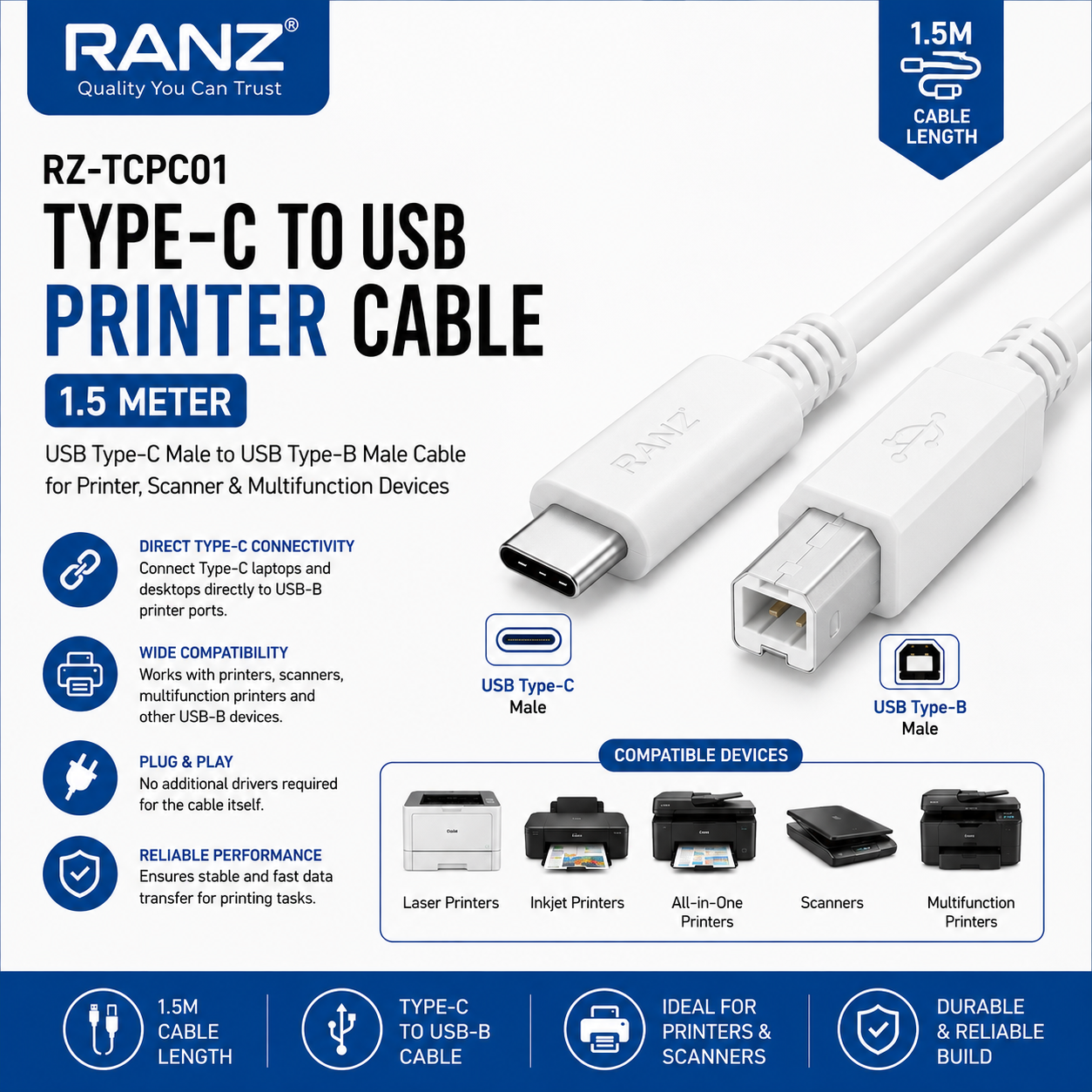 RANZ Type-C to USB Printer Cable 1.5 Meter