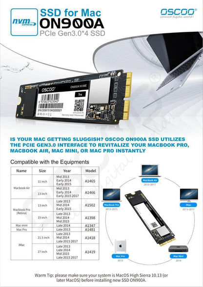 256GB Apple SSD NVMe PCIe Gen3x4 Oscoo ON900A (1-Cut) – High-Speed M.2 2280 SSD for MacBook