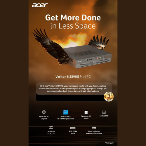 Acer Veriton N2590G Mini PC – Intel® Core™ i5-12400T | 8GB RAM | 512GB SSD | Windows 11 Home| K & M | NO LCD | 3-Year Warranty