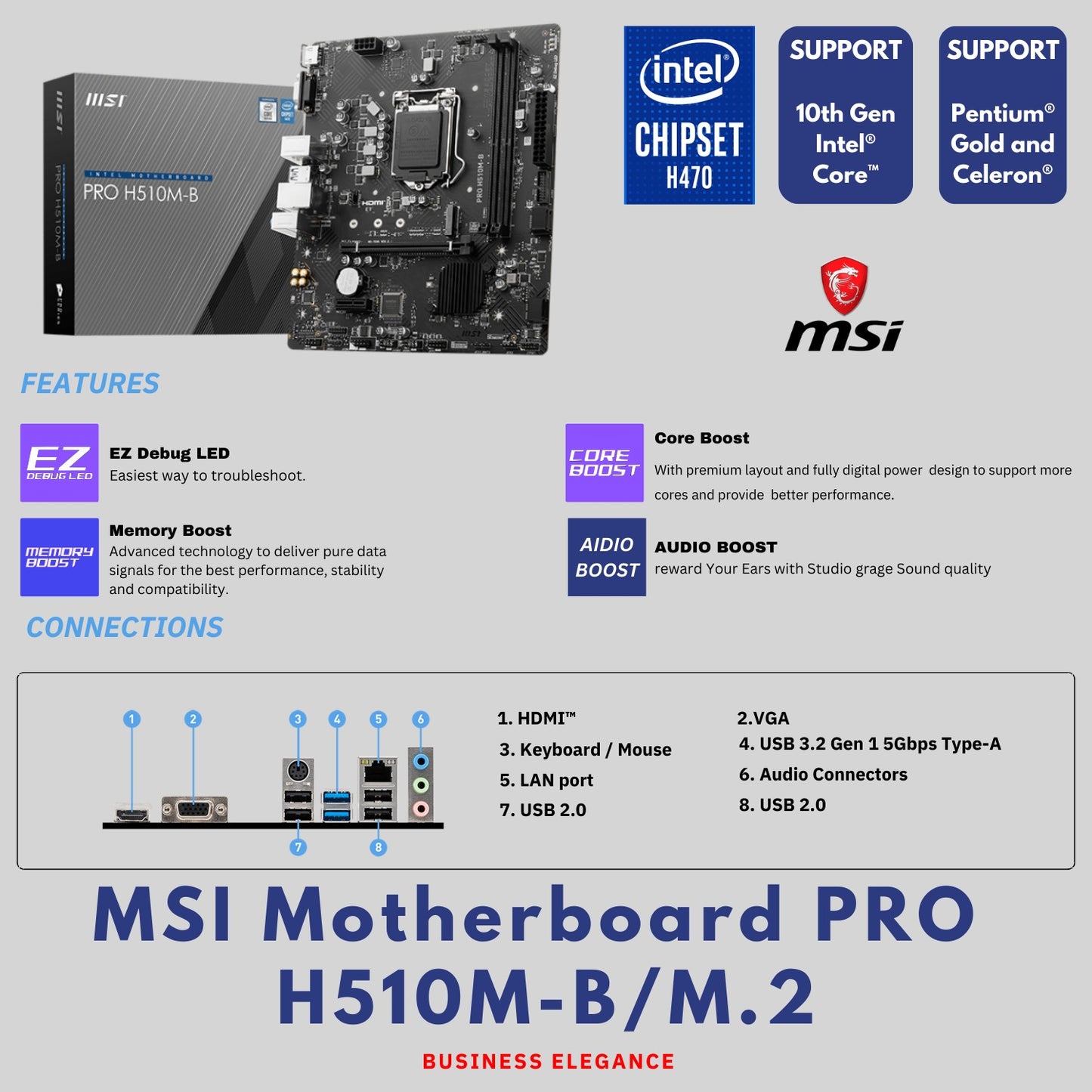 MSI PRO H510M-B Micro-ATX Motherboard | LGA 1200 | DDR4 | HDMI/ VGA | M.2 NVMe | USB 5Gbps | Realtek LAN